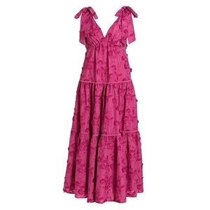 MARCHESA NOTTE Women’s 0 Pink Ruffle Tie Strap Tiered Midi Dress V Neck